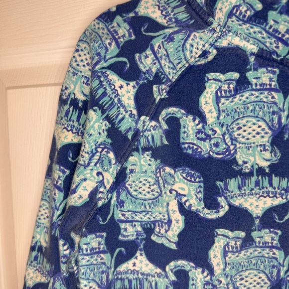 Lilly Pulitzer Blue and White 3/4 Zip Sweatshirt Thailand inspired pattern GUC - Picture 2 of 9